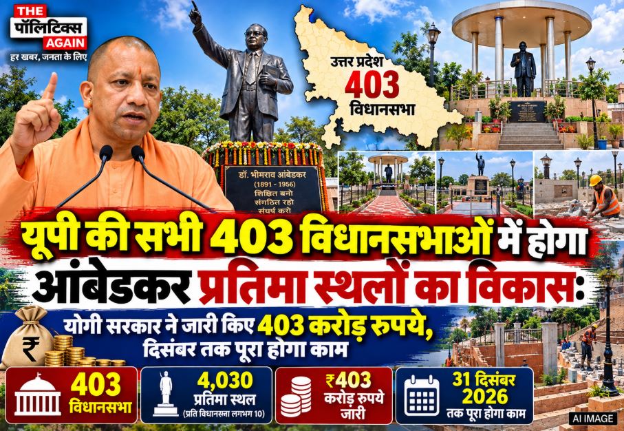 Statue of Dr. B.R. Ambedkar being beautified and protected with a boundary wall and canopy as part of the UP government scheme