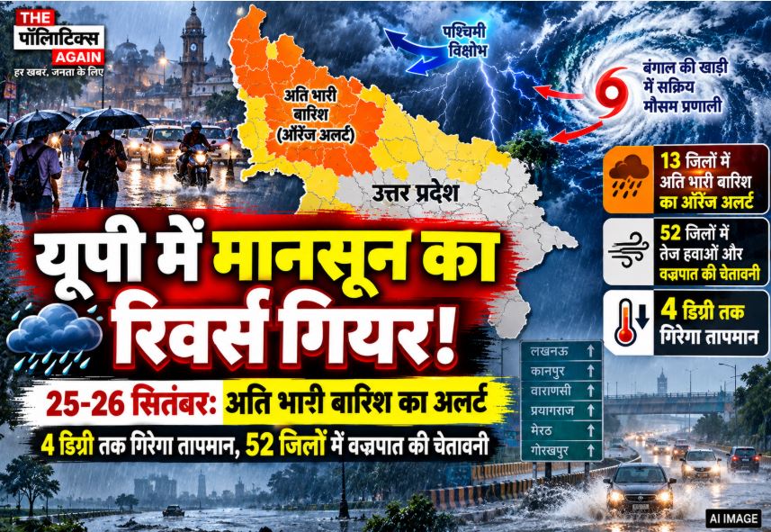 Dark monsoon clouds and heavy rain over a city in Uttar Pradesh indicating the IMD weather alert