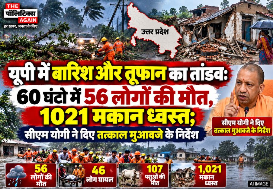 Damaged houses and waterlogged streets in rural Uttar Pradesh following 60 hours of incessant heavy rain and storms