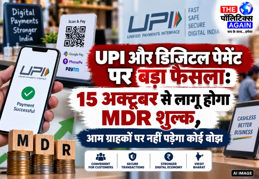 Customer making a digital UPI payment by scanning a QR code with clear indication of new MDR charges for merchants
