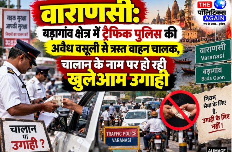 Varanasi traffic police vehicle UP 65 AG 0943 allegedly involved in illegal extortion from goods vehicles in Badaagaon