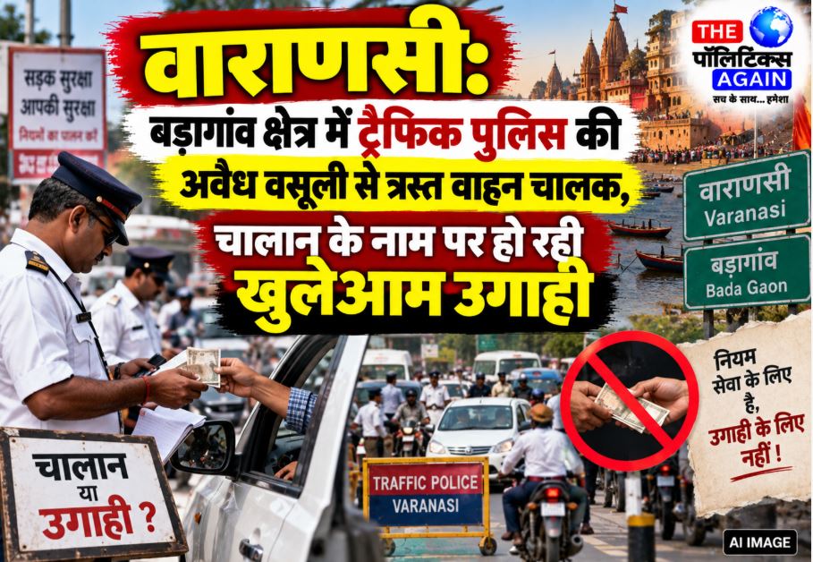 Varanasi traffic police vehicle UP 65 AG 0943 allegedly involved in illegal extortion from goods vehicles in Badaagaon