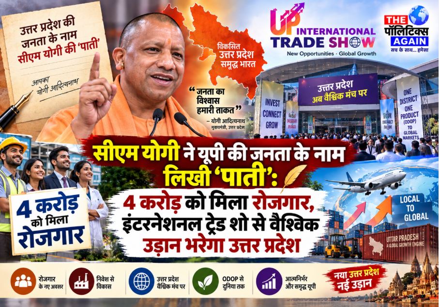 UP Chief Minister Yogi Adityanath writing a letter addressing the youth and public regarding the UP International Trade Show 2026