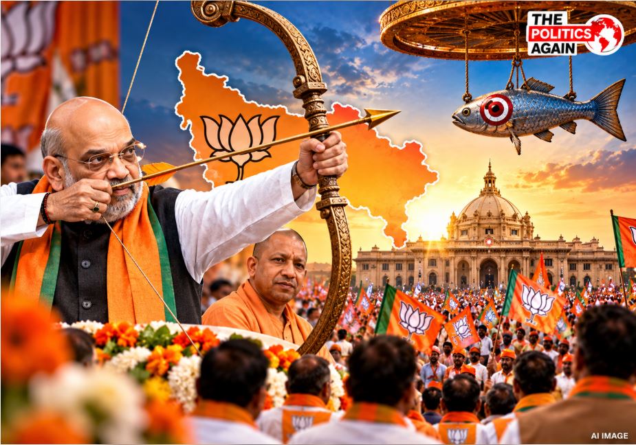 लखनऊ में यूपी बीजेपी कार्यसमिति की बैठक में अमित शाह और सीएम योगी आदित्यनाथ, 2027 विधानसभा चुनाव की रणनीति पर मंथन।