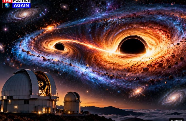 OJ 287 binary black hole illustration, supermassive black hole emitting jet, space telescope observing galaxy, ARIES Nainital observatory, Indian scientists researching space