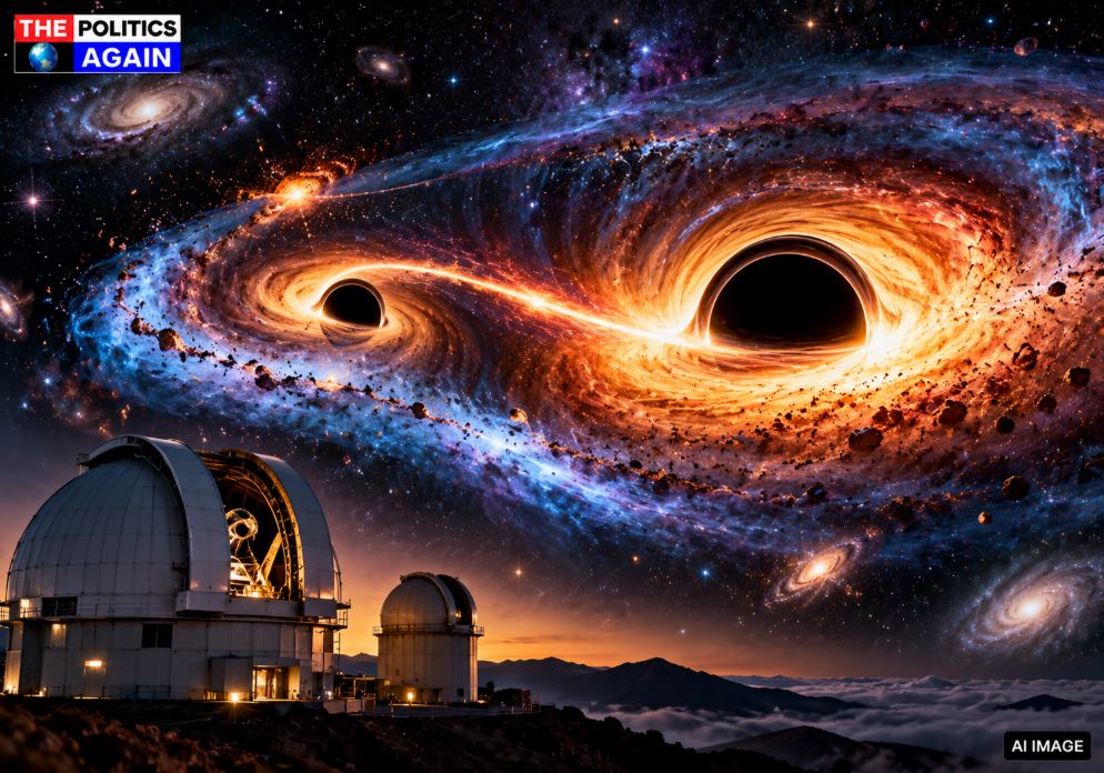 OJ 287 binary black hole illustration, supermassive black hole emitting jet, space telescope observing galaxy, ARIES Nainital observatory, Indian scientists researching space