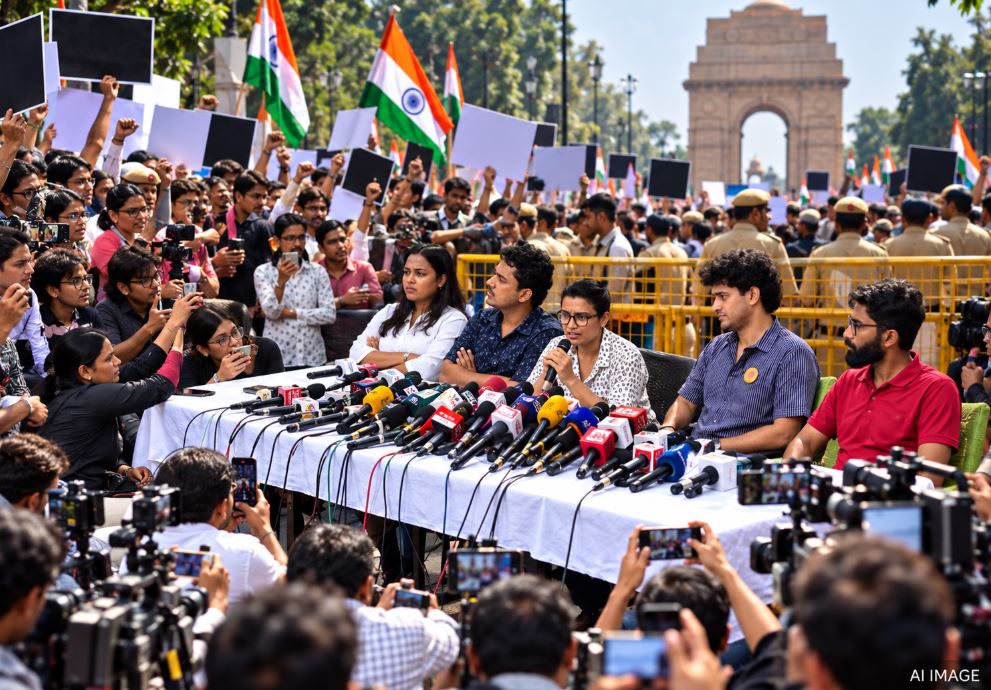 Jantar Mantar protest Delhi crowd, Indian youth protesting political rally, Delhi police barricading Parliament street, Election commission reforms demand India, Cockroach janta party KJP flags