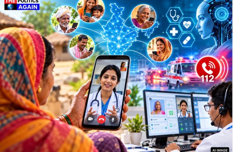 eSanjeevani telemedicine app India, doctor consulting patient online, AI health tech India, Indian woman using smartphone for medical consultation, digital health ecosystem India