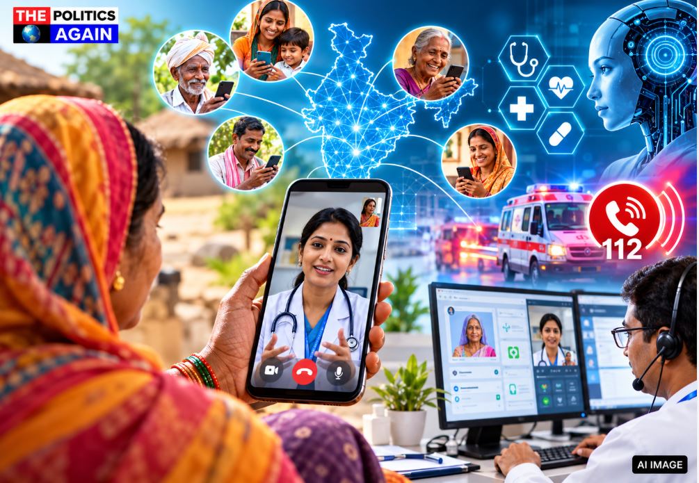 eSanjeevani telemedicine app India, doctor consulting patient online, AI health tech India, Indian woman using smartphone for medical consultation, digital health ecosystem India