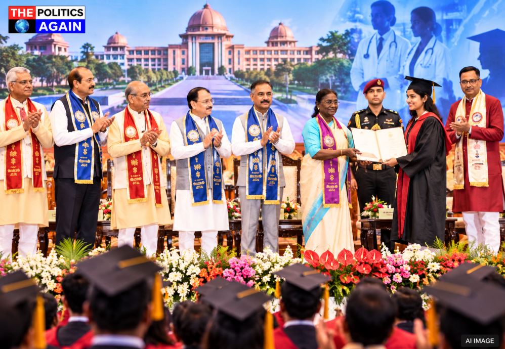 President Droupadi Murmu addressing convocation, AIIMS hospital building India, Indian medical students graduating, healthcare facilities Himachal Pradesh, Ayushman Bharat scheme