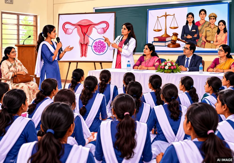 Indian school girls attending seminar, DLSA legal awareness camp India, doctor addressing students health, women empowerment seminar UP, legal aid clinic India