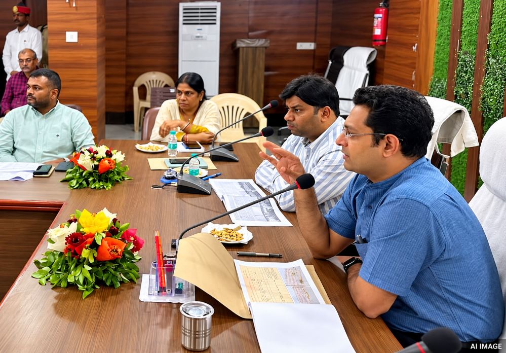 Indian DM chairing meeting, UP bureaucrat review meeting, Jaunpur collectorate auditorium, Indian government officials meeting, construction project review India