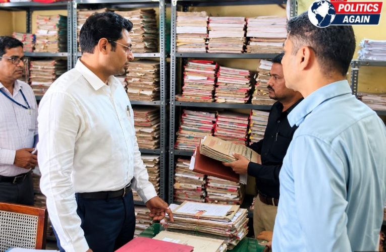 Indian District Magistrate inspecting office, UP tehsil office, DM checking government records files, Indian bureaucrats meeting, SDM office inspection UP