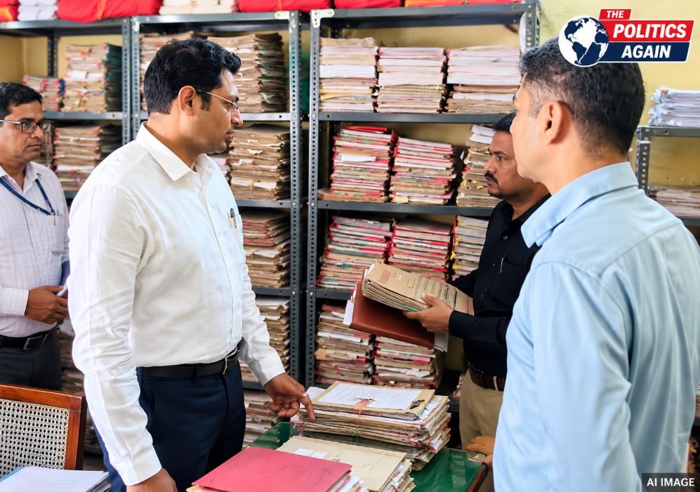 Indian District Magistrate inspecting office, UP tehsil office, DM checking government records files, Indian bureaucrats meeting, SDM office inspection UP