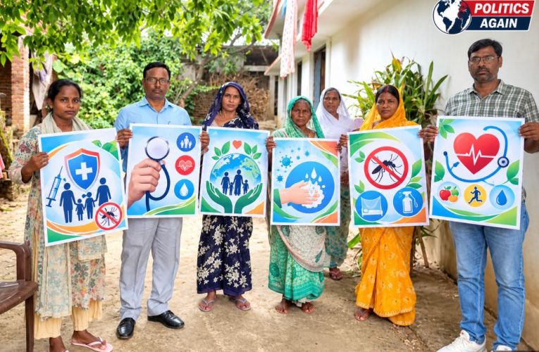 UP health department team village survey, Indian health worker spraying anti larva, Malaria prevention campaign India, ASHA worker checking patient fever, mosquito control spray India