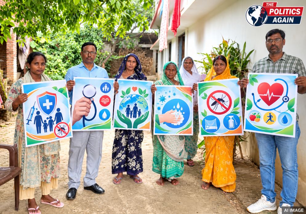UP health department team village survey, Indian health worker spraying anti larva, Malaria prevention campaign India, ASHA worker checking patient fever, mosquito control spray India