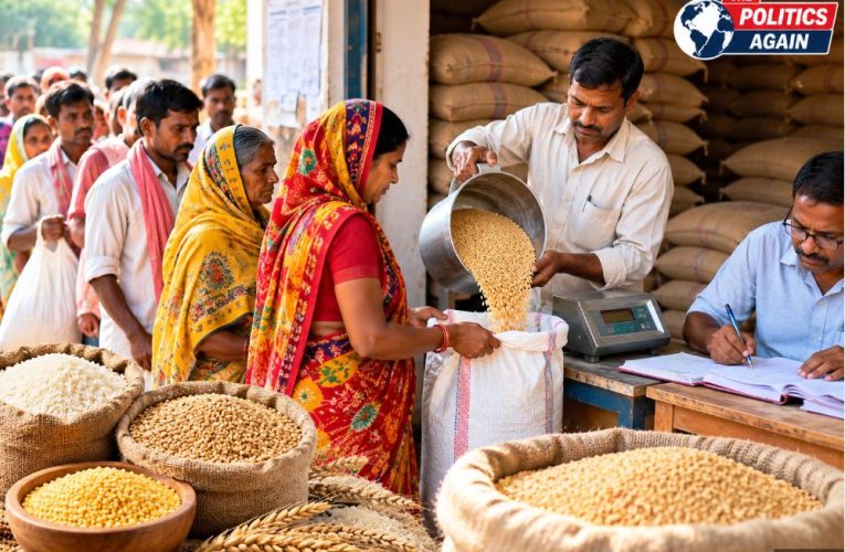 Indian ration shop distribution, poor people getting free ration UP, e-PoS machine ration shop India, Antyodaya card holder food grain, UP government free food scheme