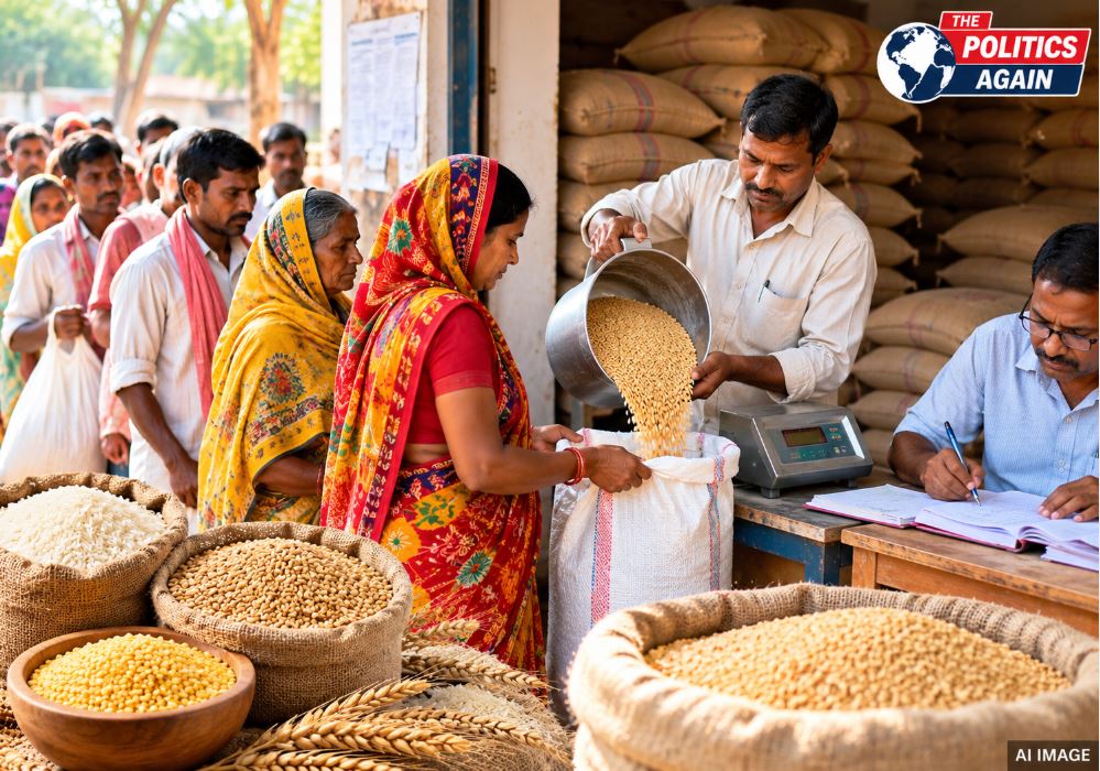 Indian ration shop distribution, poor people getting free ration UP, e-PoS machine ration shop India, Antyodaya card holder food grain, UP government free food scheme