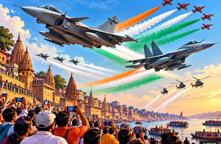 Indian Air Force fighter jet air show, Rafale flying over Ganga river, Suryakiran aerobatic team tricolor smoke, Varanasi Namo ghat crowd, PM Modi Indian military event