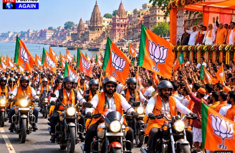 BJP mega rally stage preparation India, Indian politicians addressing crowd, Hindu women carrying kalash on head, bikers rally with Indian flag, Kashi Vishwanath corridor crowd