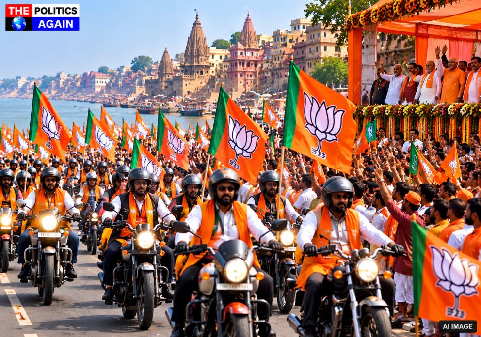 BJP mega rally stage preparation India, Indian politicians addressing crowd, Hindu women carrying kalash on head, bikers rally with Indian flag, Kashi Vishwanath corridor crowd