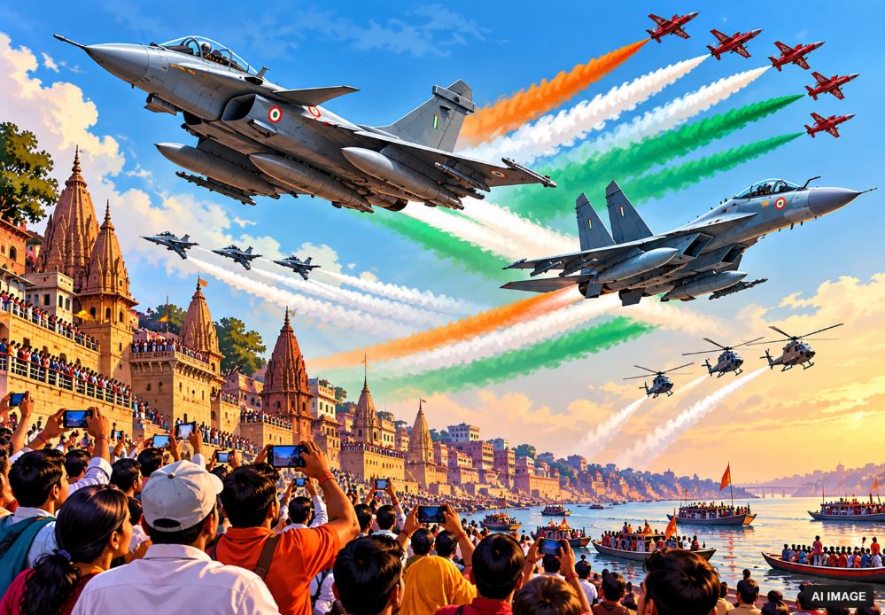 Indian Air Force fighter jet air show, Rafale flying over Ganga river, Suryakiran aerobatic team tricolor smoke, Varanasi Namo ghat crowd, PM Modi Indian military event