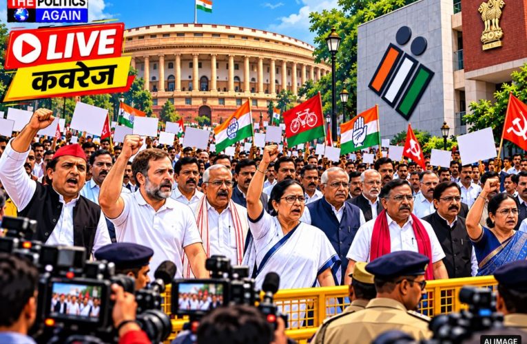 : Rahul Gandhi leading protest march Delhi, Indian opposition MPs marching, Delhi police barricading protesters, Indian Youth Congress protest, BNSS 163 applied Delhi