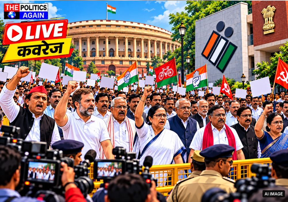 : Rahul Gandhi leading protest march Delhi, Indian opposition MPs marching, Delhi police barricading protesters, Indian Youth Congress protest, BNSS 163 applied Delhi
