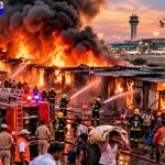 massive fire in building India, fire brigade rescue operation, Lucknow airport building fire, PVC building burning, firefighters extinguishing fire India
