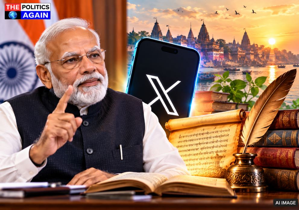 PM Narendra Modi addressing youth, ancient Sanskrit manuscript, Indian moral values concept, PM Modi cultural speech, Indian philosophy