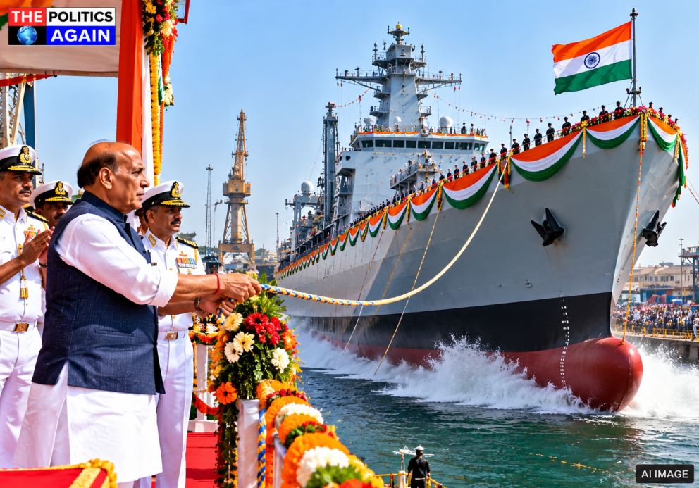 Rajnath Singh launching warship India, INS Surya fleet support ship, Hindustan Shipyard Limited Visakhapatnam, Indian Navy new ship launch, Goliath crane shipyard India