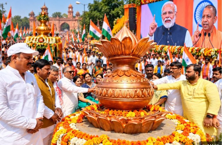 Kalash yatra procession India, Indian politicians rally UP, PM Modi live screening public event, Vande mataram singing crowd, Indian flags political rally UP