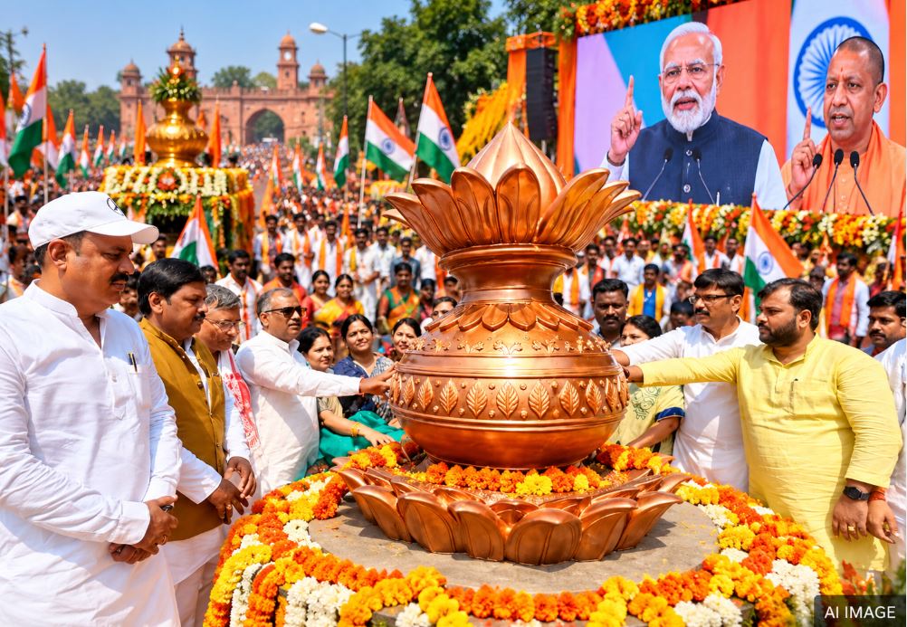 Kalash yatra procession India, Indian politicians rally UP, PM Modi live screening public event, Vande mataram singing crowd, Indian flags political rally UP
