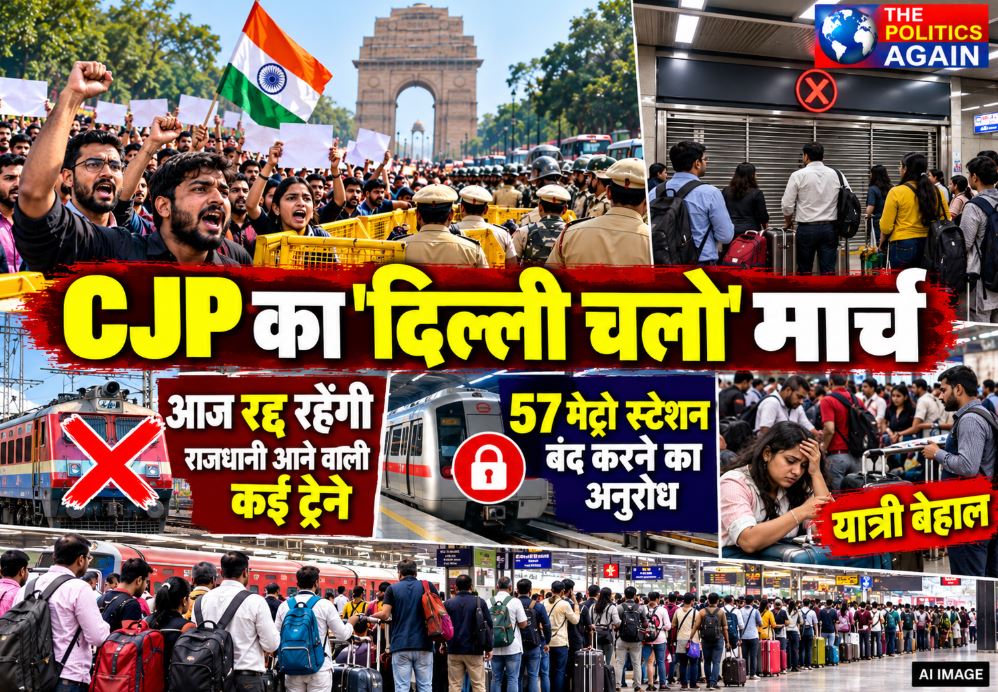 New Delhi railway station crowd passengers, cancelled trains India display board, Delhi police barricades protest, Jantar Mantar security 2026, Indian commuters waiting at station