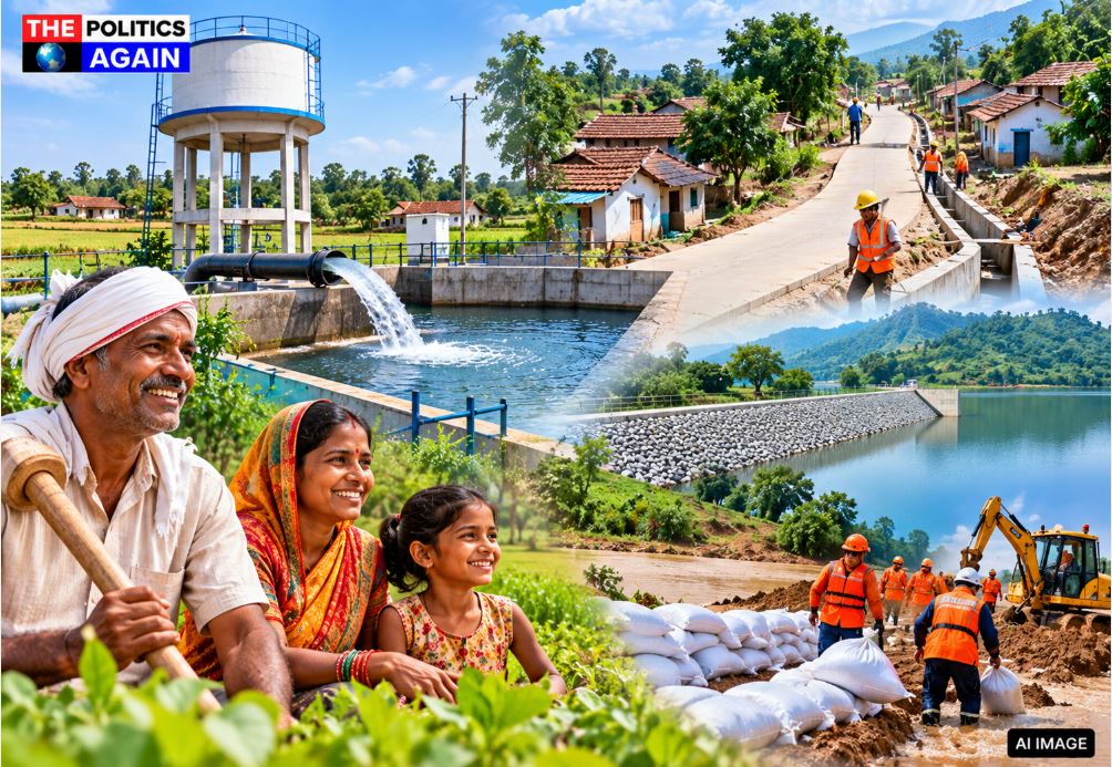 Indian rural development scheme, water conservation village India, check dam construction rural, Indian farmers agriculture scheme, Gram Sabha meeting India