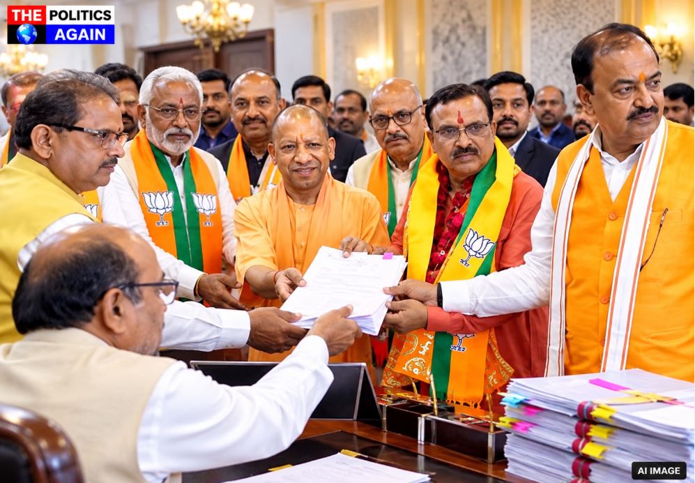 CM Yogi Adityanath BJP candidates nomination, UP Vidhan Sabha Lucknow inside, Indian politicians filing nomination, BJP leaders UP election, Akhilesh Yadav Samajwadi Party