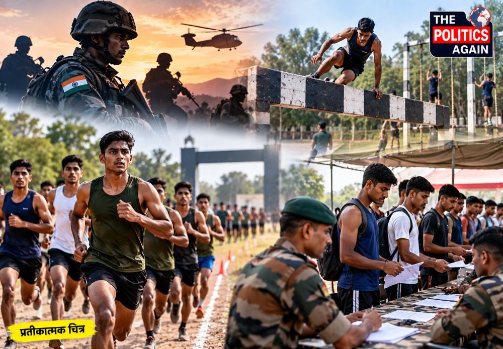 Indian army recruitment rally youth running, Agniveer physical test India, Indian soldiers training, young boys waiting for army recruitment