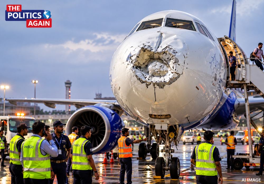Airplane nose damage bird strike, IndiGo flight ground check, Indian airport aircraft engineering, dented airplane nose cone, passenger plane safety check