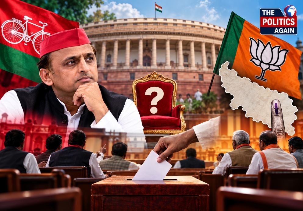 Akhilesh Yadav political rally, UP legislative assembly building Lucknow, Samajwadi party flag waving, Indian electronic voting machine, Rajya Sabha parliament India