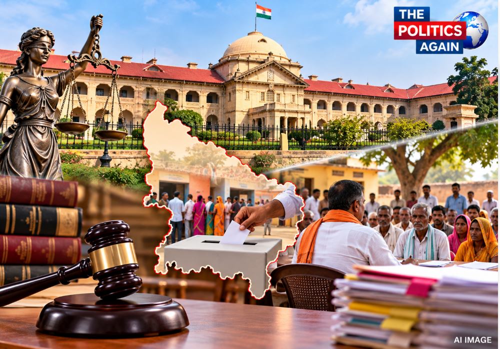 Allahabad High Court building with an overlay of UP Panchayat Election news.