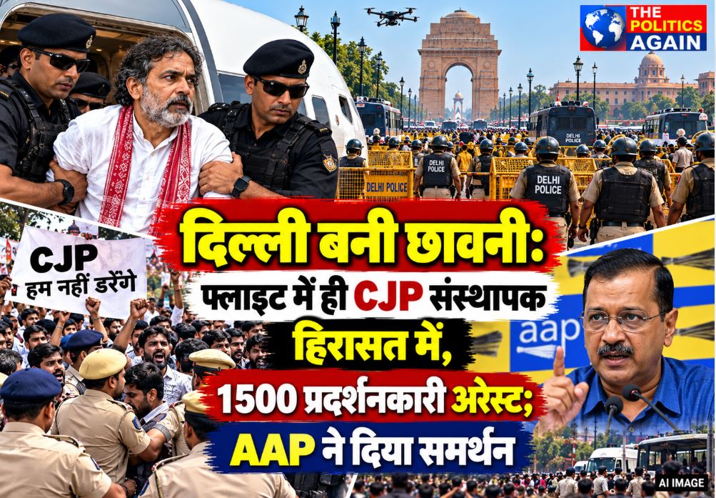 Heavy police deployment and barricading in New Delhi as protesters are detained ahead of CJP agitation.
