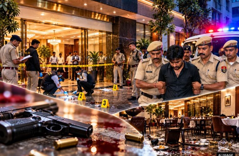 Guwahati police securing the crime scene at Hotel Bilas Inn after a deadly shootout over a lease dispute.
