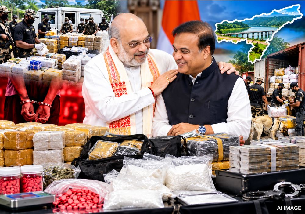 Amit Shah and Himanta Biswa Sarma highlighting Assam Police's massive anti-drug drive.