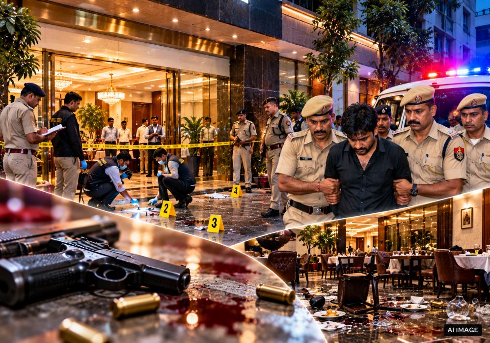 Guwahati police securing the crime scene at Hotel Bilas Inn after a deadly shootout over a lease dispute.