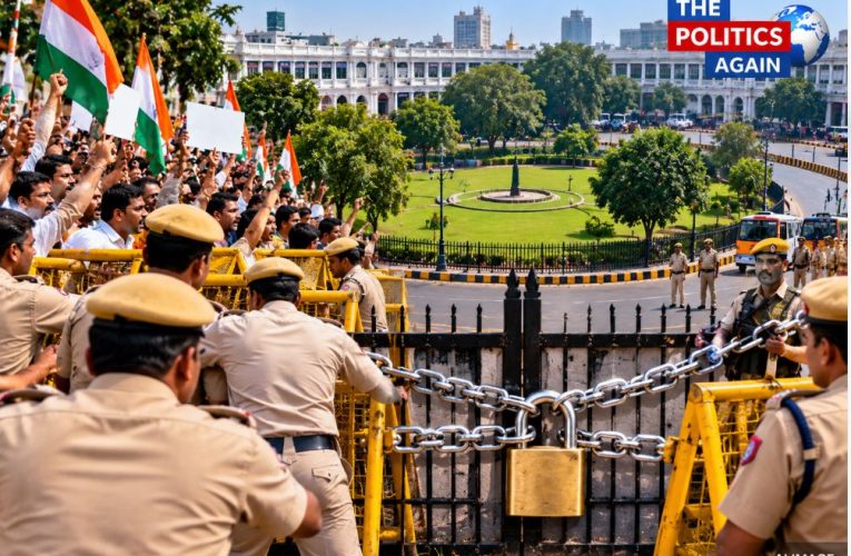 Heavy police security outside Central Park in Connaught Place, Delhi.
