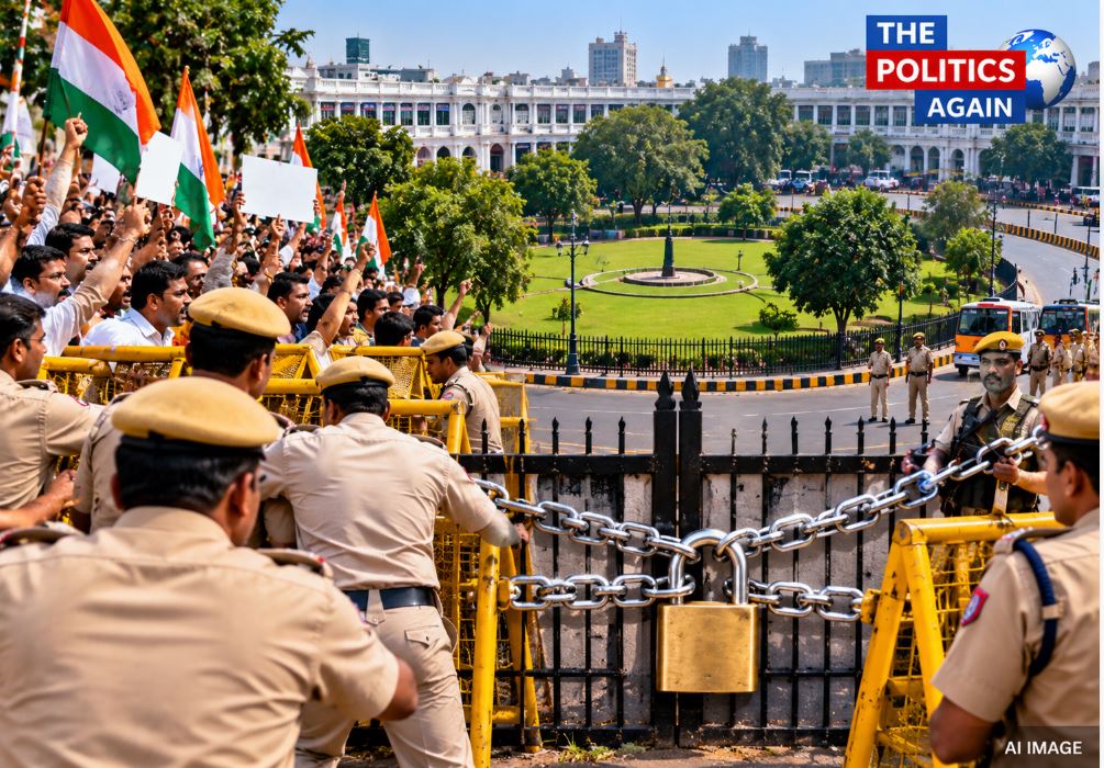 Heavy police security outside Central Park in Connaught Place, Delhi.