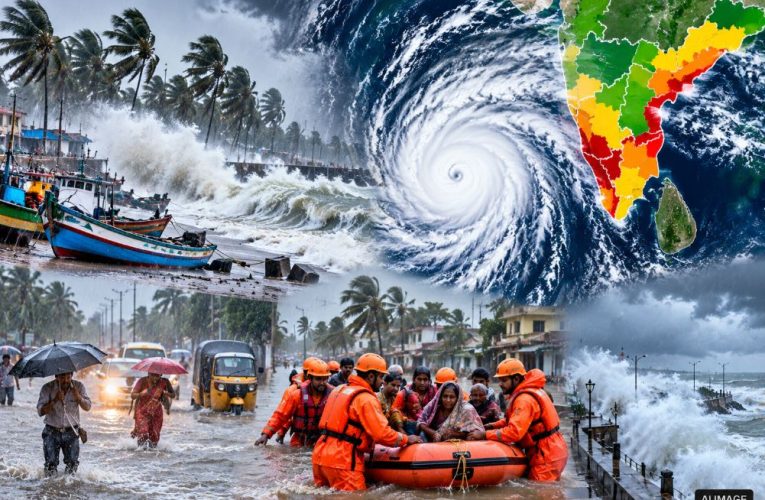 IMD issuing a red alert and heavy rainfall warning as a cyclonic storm approaches the Andhra-Odisha coast.