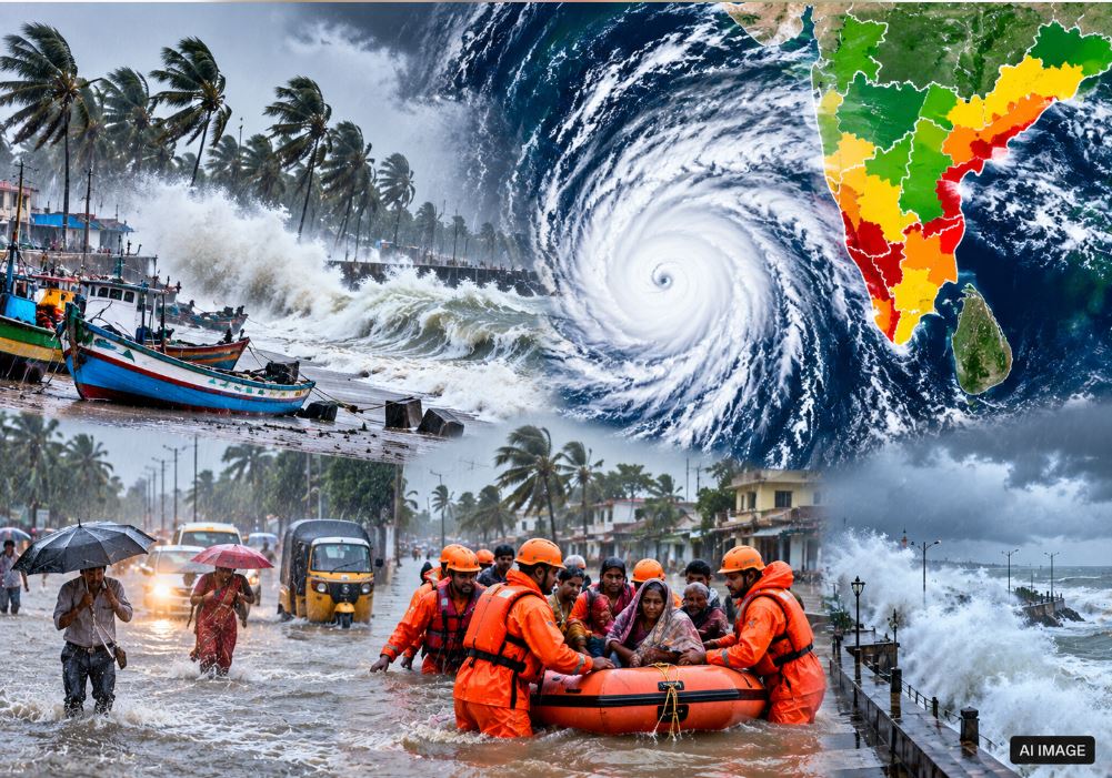 IMD issuing a red alert and heavy rainfall warning as a cyclonic storm approaches the Andhra-Odisha coast.