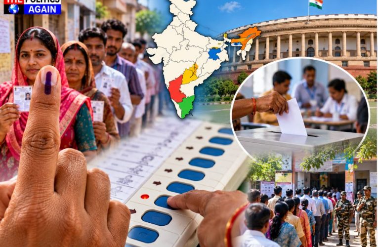 Indian voters in queue polling booth by-election, voting ink finger India, EVM machine voting India, Nagaon Assam election polling station, Tamil Nadu election TVK DMK