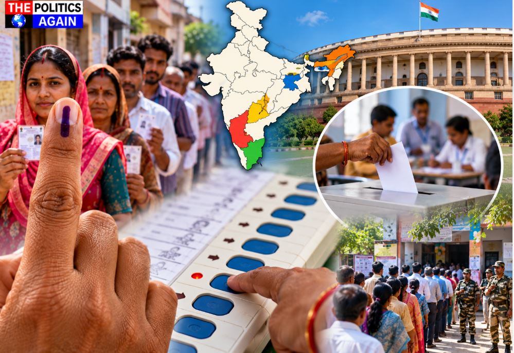 Indian voters in queue polling booth by-election, voting ink finger India, EVM machine voting India, Nagaon Assam election polling station, Tamil Nadu election TVK DMK